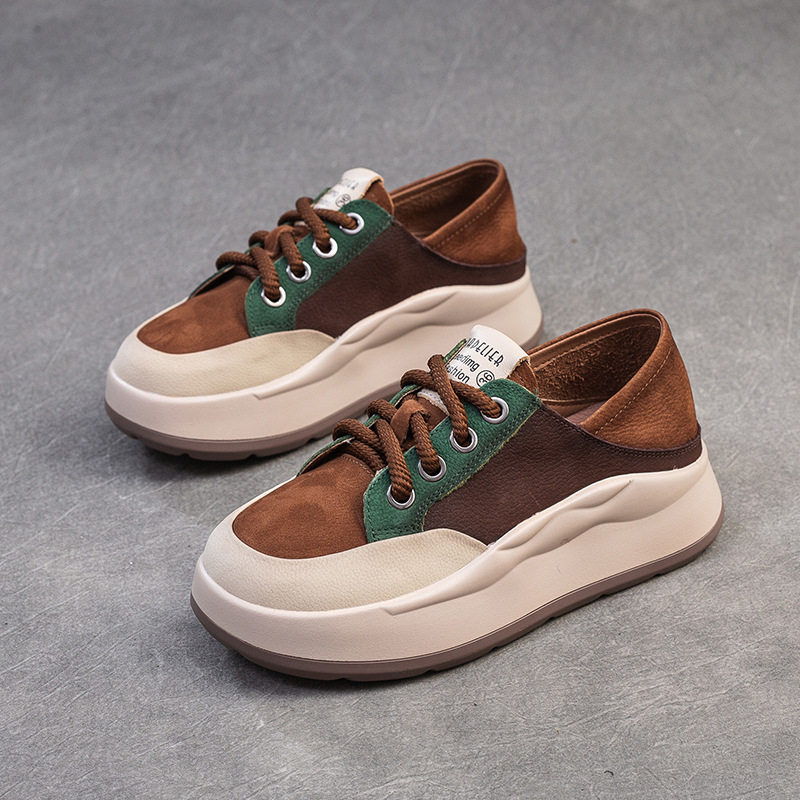 Giày Sneaker Nữ Da Bò Phối Màu Đế Bánh Mì Dây Buộc Chiều Cao Đế Khoảng 4cm Màu Đỏ, Nâu, Xanh Lá, Kem