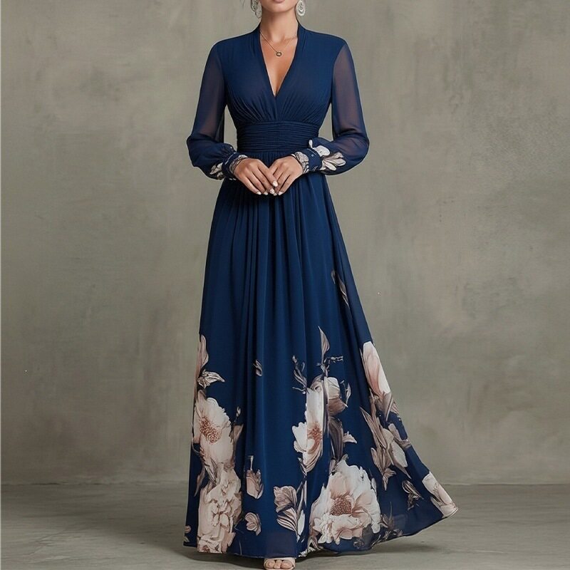 Womens Spring Dress Elegant Floral Print Waist Defined Long Silhouette Perfect for Casual or Formal Occasions