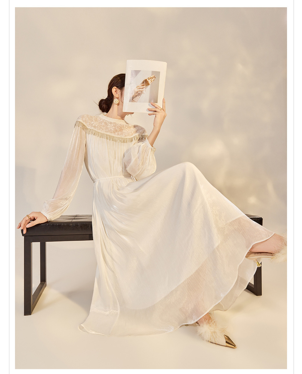 Đầm dài tay ren tua rua dáng xòe thanh lịch — Trắng lụa tuyết (giao hàng trong ngày), Trắng tuyết satin (giao hàng trong 7 ngày)