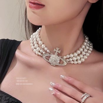 High-End Three-Layer Pearl Full-Diamond Saturn Necklace for Women, High-End Alloy Choker Wholesale Pearl Necklace