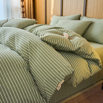 Pure Cotton Raw Cotton Four-Piece Set, Pure Cotton Yarn-Dyed Single Duvet Cover, Single Fitted Sheet, Student Single/Double Bed Sheet Style Bedding, All-Season Style