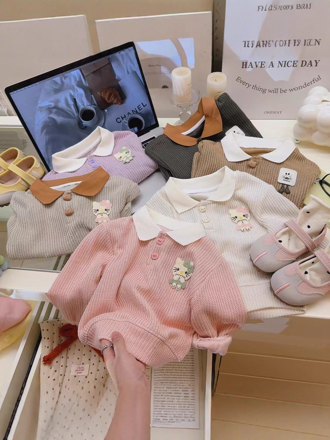 Spring & Autumn Boys & Girls Knitted Embroidered V-Neck Hoodie, Viral Trendy Korean Style Long-Sleeve Top