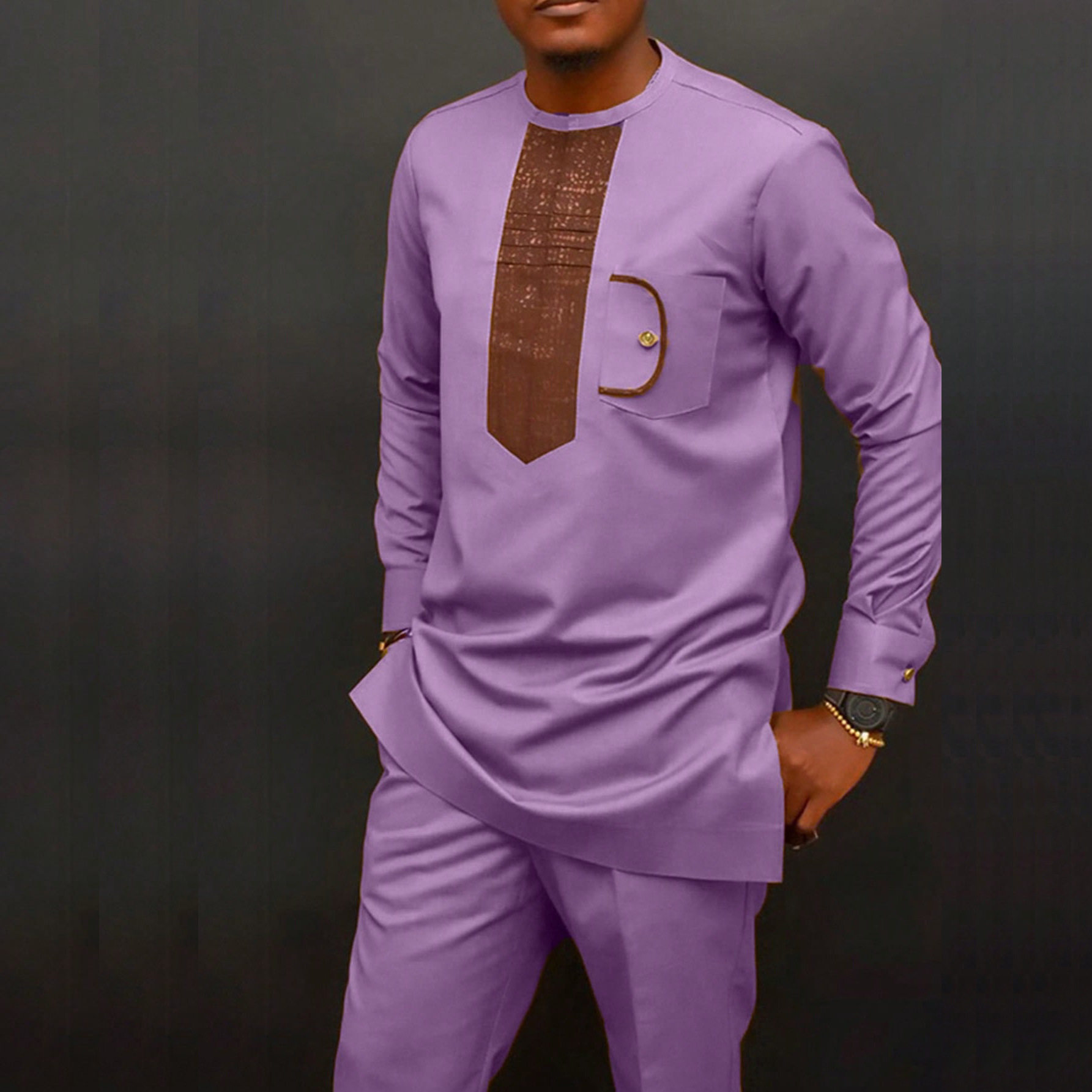 传统外贸非洲风格男士结婚新西装2件套圆领长袖上衣加裤子外贸