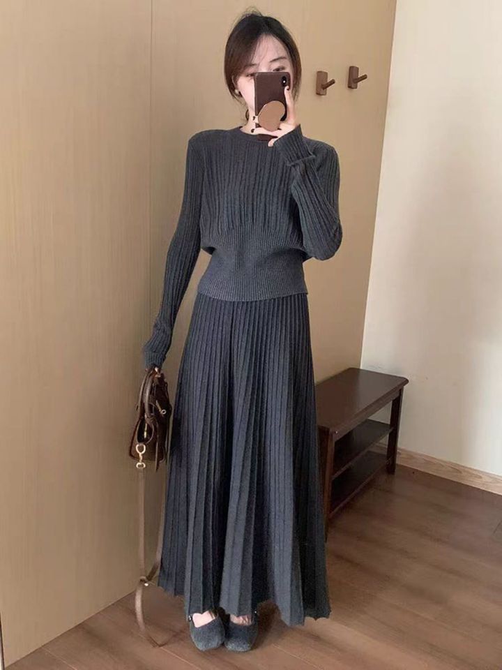 High Waist Pleated Knit Set Slim Fit Elegant Style Casual Chic Perfect for Autumn and Winter Wholesale Available