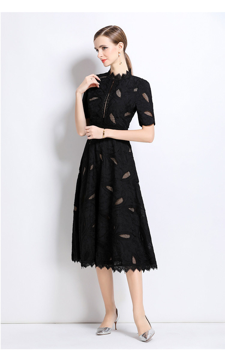 Elegant Short Sleeve Lace Dress for Women French Style Hollow Out Waist Defined High End Fashion Perfect for Formal