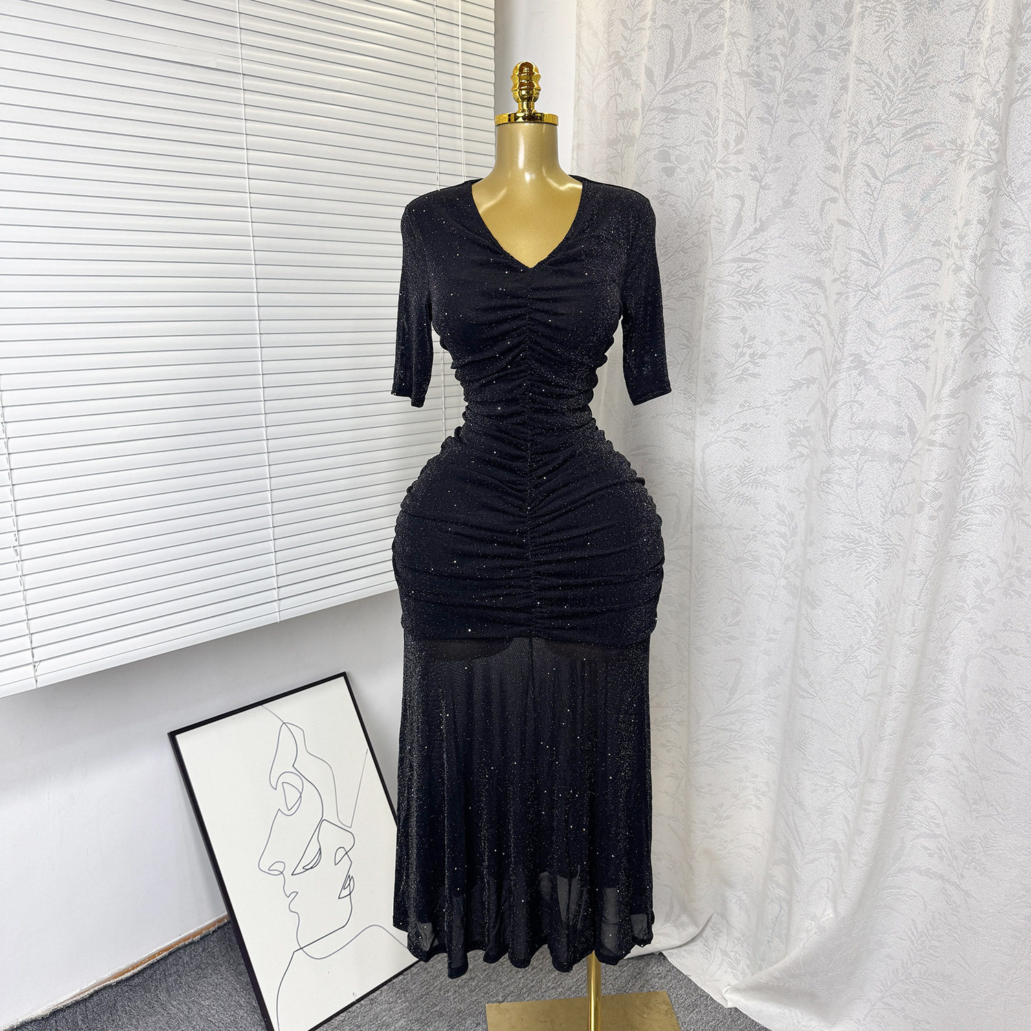 Elegant Womens Summer Dress Stretchy Mesh Pleated V Neck High Waist Slim Fit Perfect for Formal Occasions