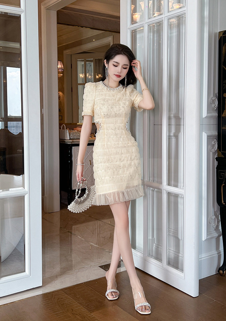 Đầm suông nữ midi cổ tròn thêu hoa tay ngắn — [Màu hồng đào] chi tiết 20