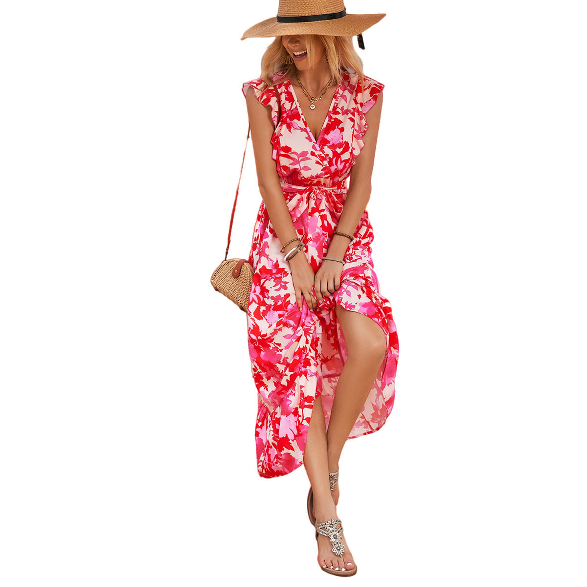 Casual Floral Midi Dress Elegant Design Comfortable Fit Trendy Style Perfect for Spring and Summer Wholesale