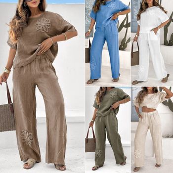 2025 New Cross-Border Amazon Export Women's 2-Piece Set Large Size Embroidered Casual Suit High-Waisted Loose Pants