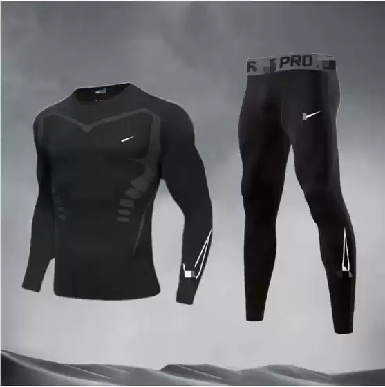 Fleece-Lined Fitness Clothing, Sports Training Clothing, Thermal Clothing, Tight-Fitting Clothing, Quick-Drying Training Base Layer, Autumn and Winter Running Suit for Men
