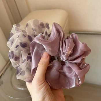 Summer Purple Wave Dot Mesh Pearlescent Satin Large Intestine Hair Ring Temperament Ball Head Flower Hair Rope Women's Hair Rope