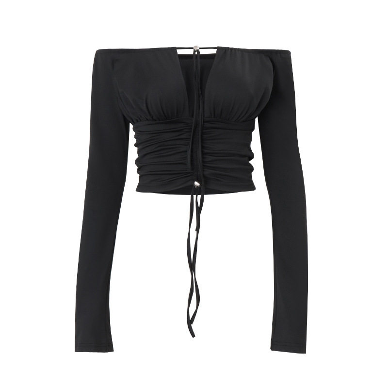 Womens Long Sleeve Off Shoulder Crop Top Solid Color Hollow Out Lace Up Design Trendy Autumn Fashion Wholesale