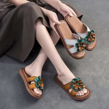Jie Ti 2025 Summer New Retro Flower Flat Plaid Outer Slippers Easiest for Match Casual First Layer Cowhide Women's Shoes