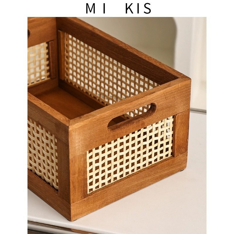 Retro hollow rattan storage basket wooden rectangular storage box Japanese style living room toy book storage basket in stock