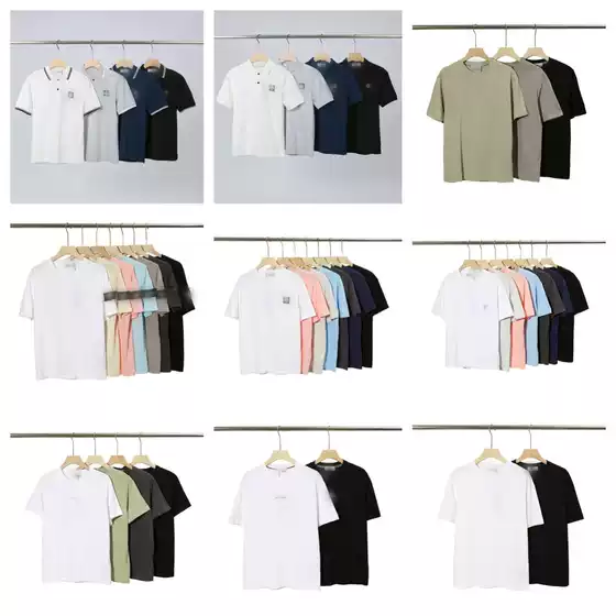 Stone Short-Sleeve T-Shirt with Compass Badge, Loose Round Neck Classic Base Shirt for Men, Combed Cotton, Summer Casual