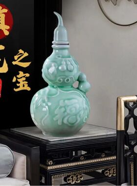 景德镇陶瓷器多子葫芦中式客厅插花玄关仿古董古玩摆件干花花