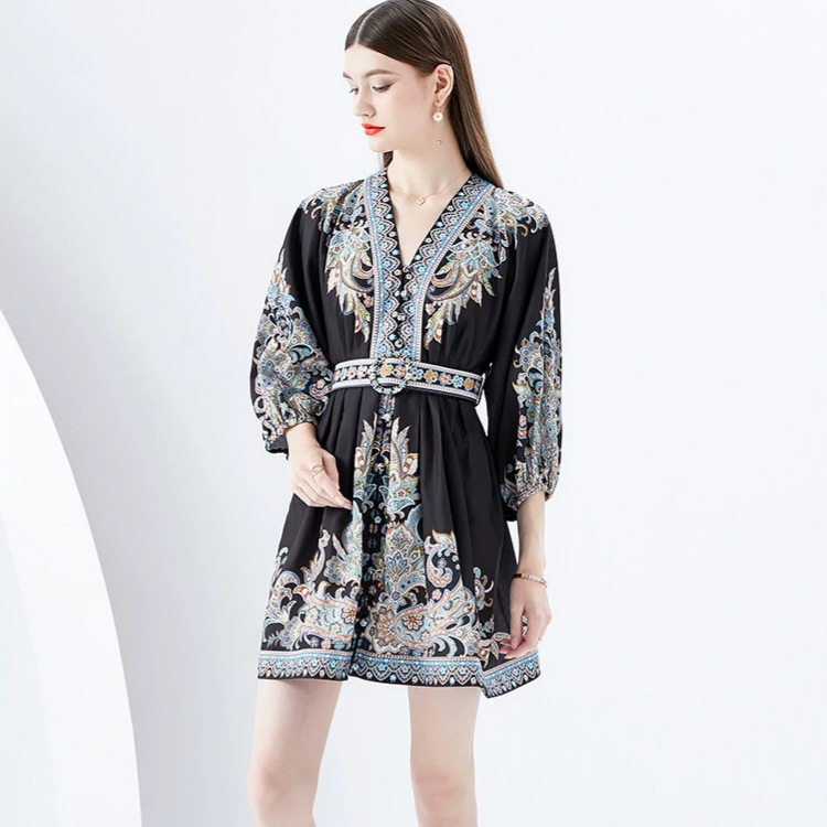 French Style Floral Dress V Neck Puff Sleeves Waist Cinching Design Elegant Occasion Wear for Women Wholesale