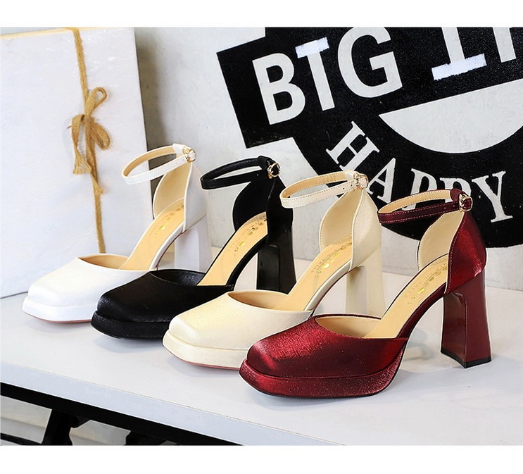 Sandal cao gót nữ quai ngang mũi vuông đế xuồng mặt satin — Màu đen, Màu đỏ rượu, Màu sâm panh, Màu trắng