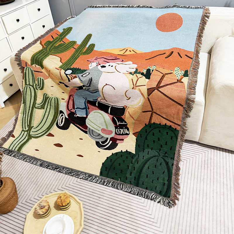 Cartoon Dog Riding Motorcycle Figure Blanket Single Sofa Blanket Field Camping Blanket Cotton Blanket