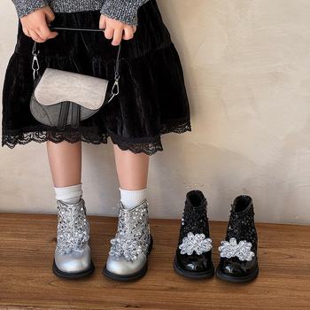 Girls Princess Short Boots Autumn and Winter Children's Boots Sequined Crystal Princess Shoes Silver Style Little Girls Martin Boots