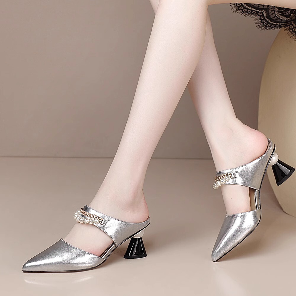 Sandal cao gót nữ mũi nhọn gót vuông đính chuỗi ngọc trai phong cách thanh lịch — Màu bạc, Màu trắng