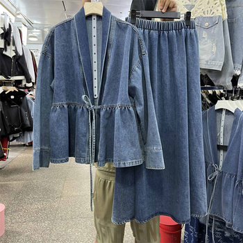 Western-Style Age-Reducing High-End Blue V-Neck Denim Lace-Up Waist Shirt Women's Elastic Waist Skirt Two-Piece Set
