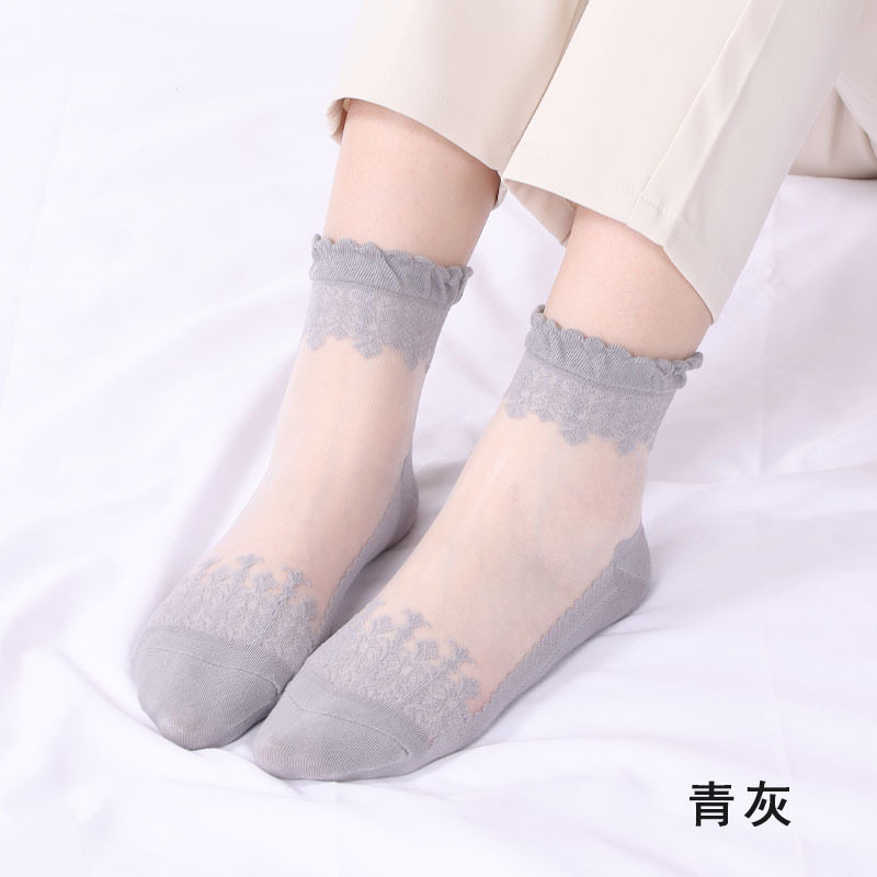 春季薄款中筒袜棉底玻璃丝袜子女蕾丝花边短款袜子防滑透气水晶袜