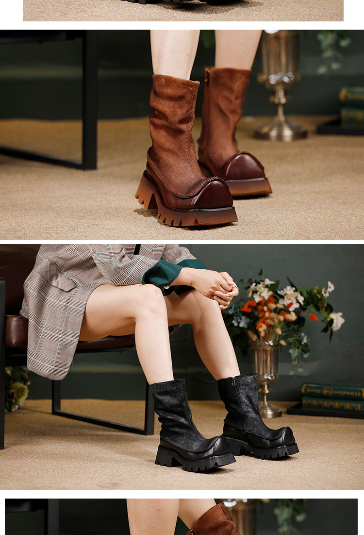 Boot nữ cổ trung da bò thật phối khóa kéo bên hông, thiết kế cá tính phong cách hiện đại — đen, màu cà phê