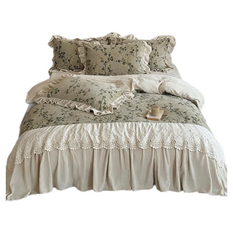 Winter French Thickeneded Milk Velvet Four-Piece Set with Floral Carvings Warm Coral Velvet Quilt Cover Bedding Green