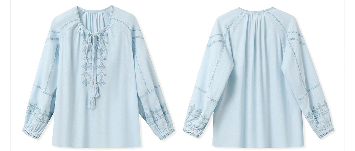 Áo sơ mi nữ linen dài tay thêu họa tiết dáng rộng — Màu trắng be, Màu xanh đậm, Màu xanh lam nhạt