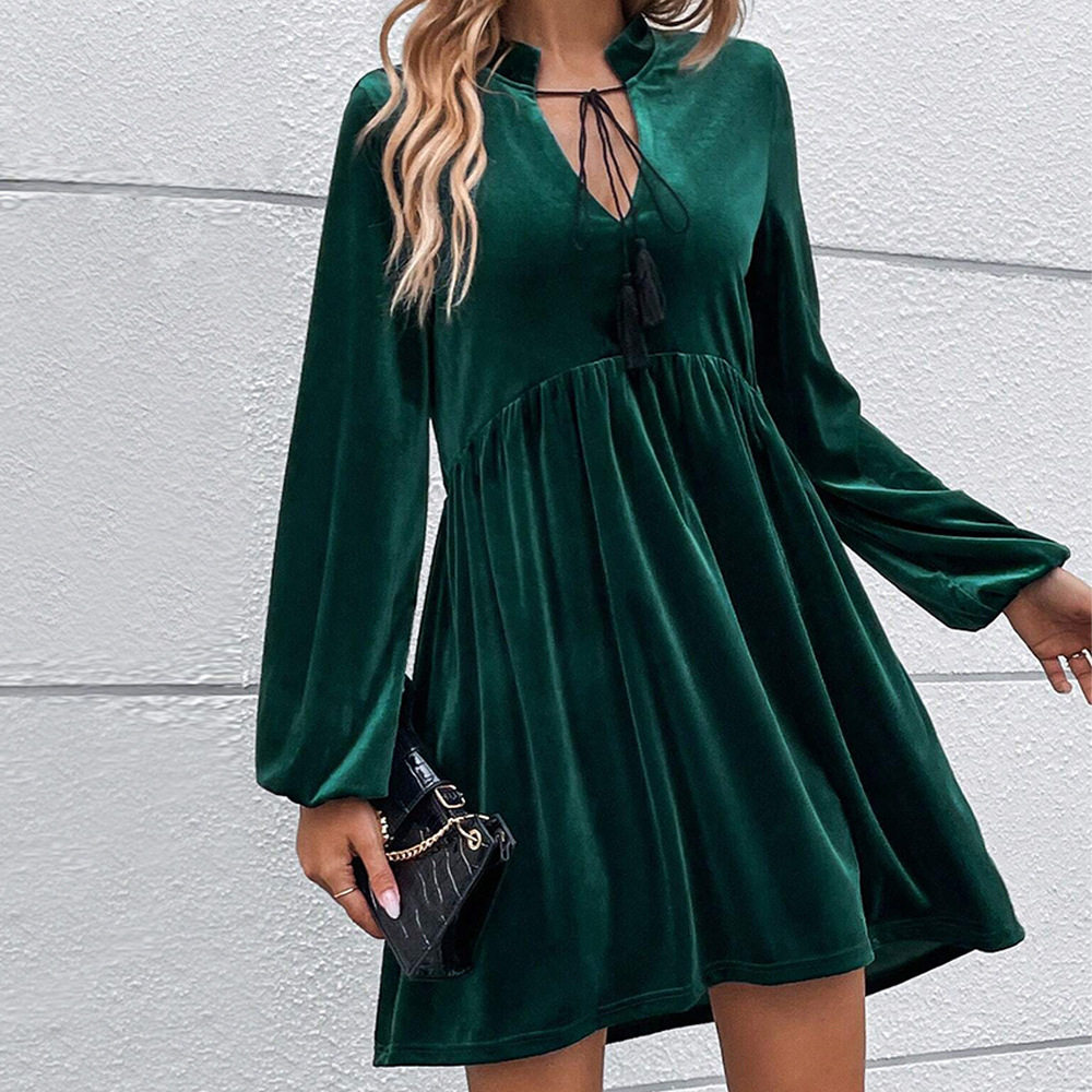 Velvet Long Sleeve Dress Waist Cinching Flared Skirt Puff Sleeves Fall Winter Fashion for Women Wholesale Available