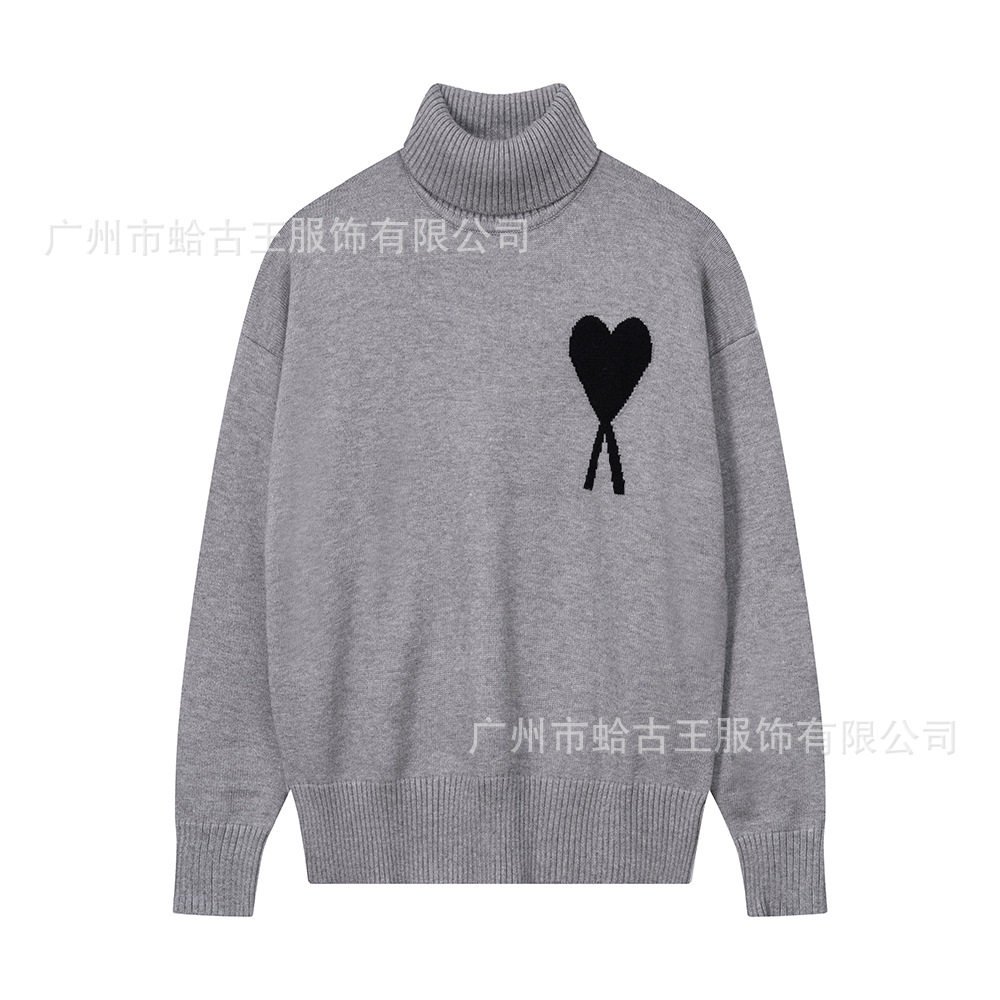 秋冬新款高领爱心毛衣男女条纹青年桃心跨境外贸休闲套头针织衫