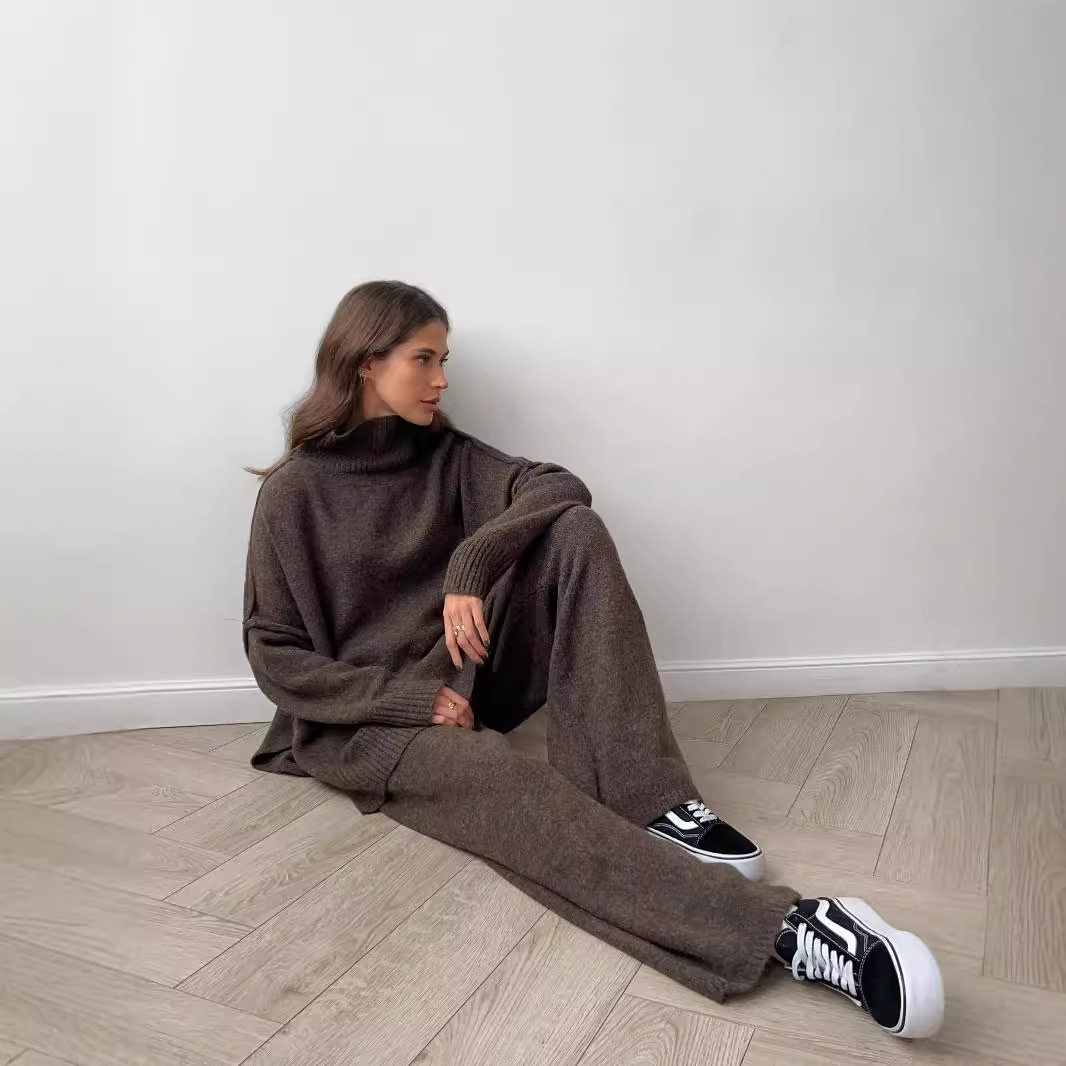 Womens Oversized Turtleneck Split Wool Sweater Set Cozy Knit Fabric Casual Style Perfect for Fall Winter Wholesale