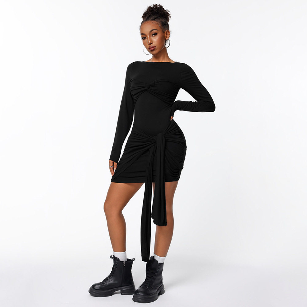 Elegant Womens Dress Unique Design Pleated Waist Defining Slim Fit Autumn Winter Fashion Wholesale Available