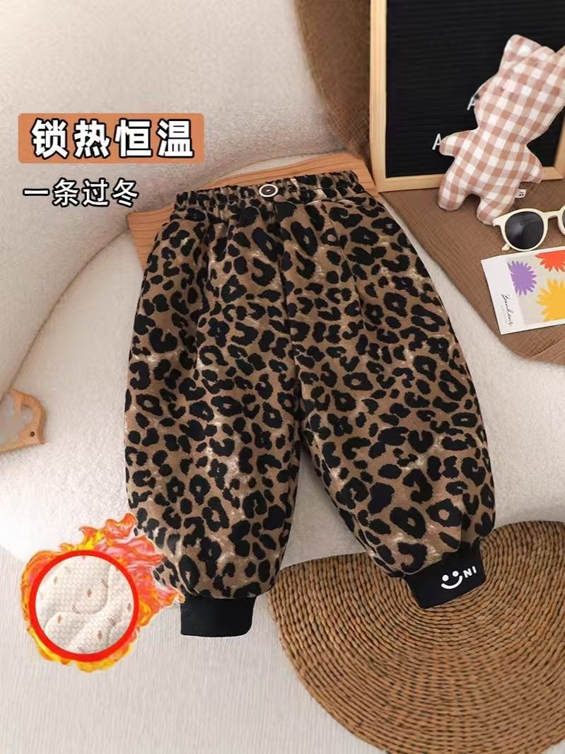 Kids' New Thickened Winter Cotton Pants, Korean Style Casual Trousers, Boys & Girls Temperature-Sensing Leopard Print Outerwear Pants