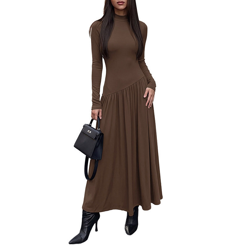 Casual Color Block Long Sleeve Dress High Neck Relaxed Fit Solid Color Perfect for Everyday Wear Wholesale Available