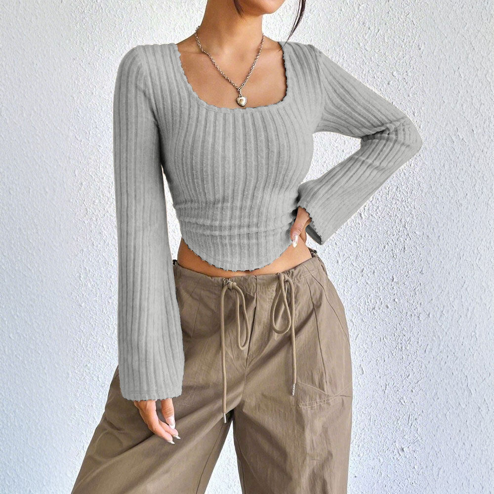Fashionable Elegant Womens T Shirt Square Neck Flared Long Sleeves Spring Summer Style Wholesale Available