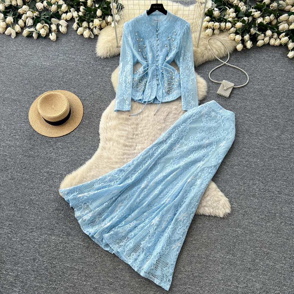 French Style Two Piece Set Beaded V Neck Lace Detail Slim Fit Summer Office Wear for Elegant Women Wholesale