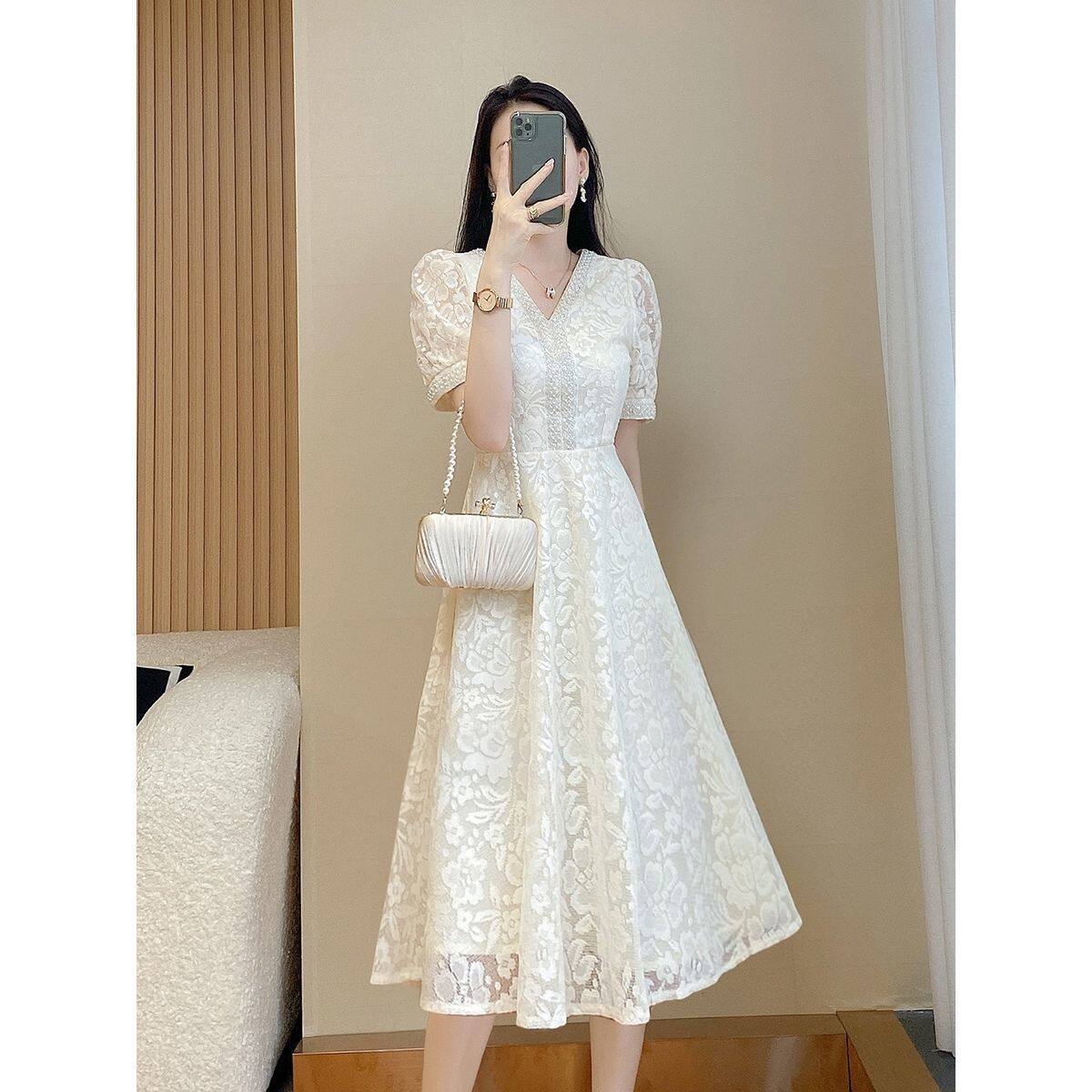 Lace Midi Dress for Women Elegant Fit and Flare Silhouette Summer Casual Wear Available in White and Apricot