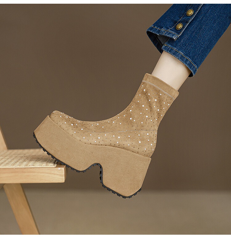 Boot nữ cổ thấp gót siêu cao 11cm đế xuồng đính đá pha lê — Lớp lót đơn màu be, Lớp lót đơn màu đen, Lót nhung đen, Lót nhung màu be