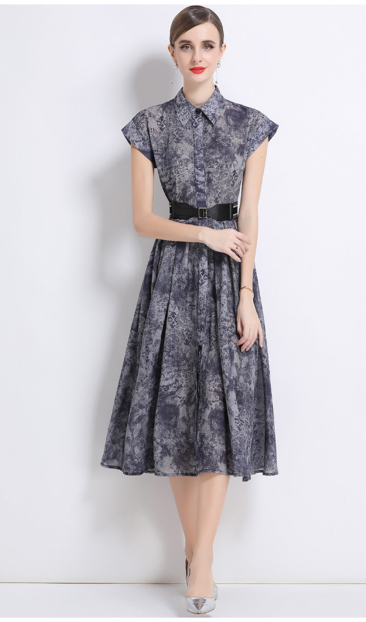 French Style Elegant Womens Dress Vintage Lapel Short Sleeve Waist Pleats Slim Fit Floral Print Perfect for