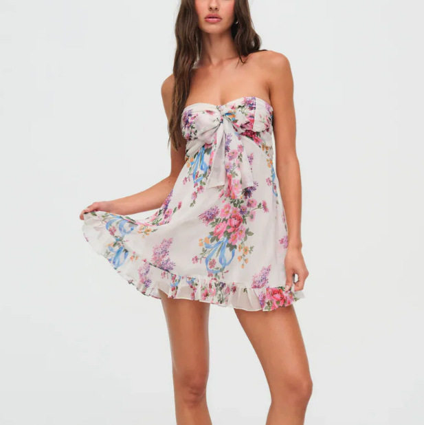 Floral Print A Line Dress Sheer Fabric Strapless Elegant Design Perfect for Summer Events Wholesale Available
