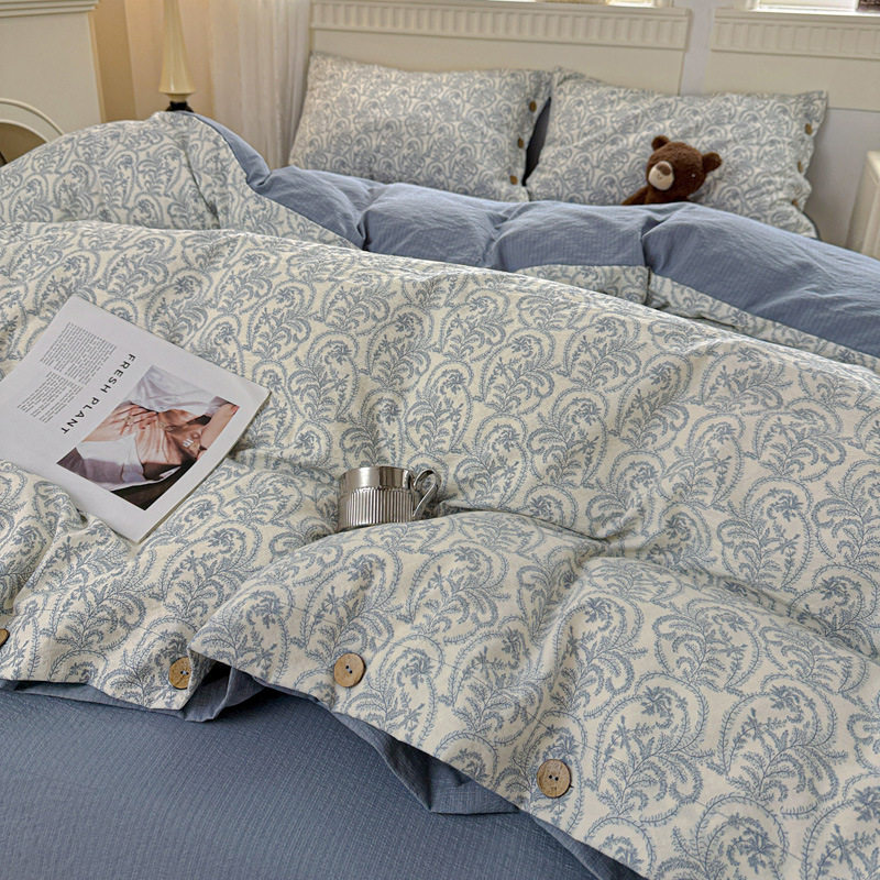 Cotton Raw Linen Four-Piece Set Floral Retro Button Style Pure Cotton Fitted Sheet Single Quilt Cover Dormitory Three-Piece Bedding Set