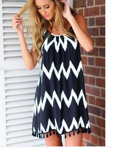 Backless Wave Pattern Maxi Dress Tassel Detail Sleeveless Lightweight Fabric Beachwear for Summer Wholesale