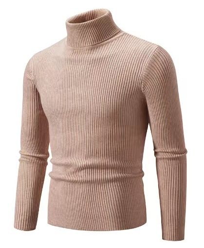 跨境秋冬外贸批发男士高领毛衣欧美码休闲纯色竖纹套头打底线衫男