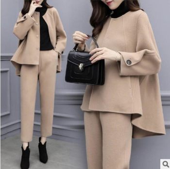 2025 New Women's Autumn and Winter Plus-Size Two-Piece Set Woolen Long-Sleeve Top and Cropped Pants Casual Fashion Suit for Women