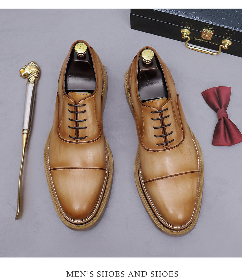Giày Oxford nam da bò thật mũi tròn ba đường may, giày công sở và giày cưới — màu đen, Màu trắng, Màu be