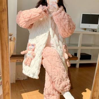 Three-Layer Quilted Postpartum Clothing, Winter Fleece-Lined and Thickeneded Coral Velvet, Postpartum Nursing Clothing, Maternity Pajamas That Do Not Tighten the Belly, Autumn and Winter
