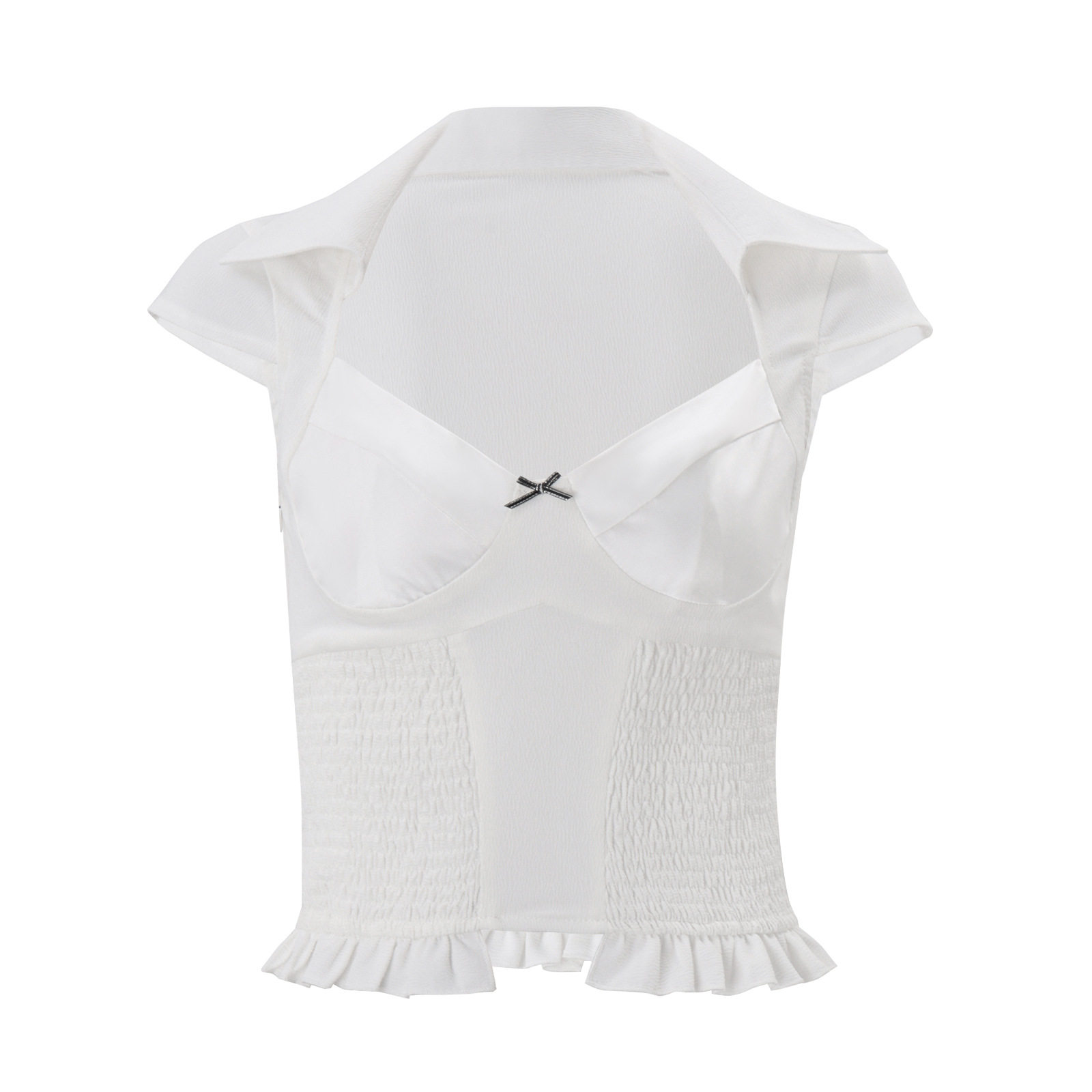 Womens Summer T Shirt Ruffle Trim Pleated Design Waist Cinching Short Sleeve Casual Fashion Top Wholesale
