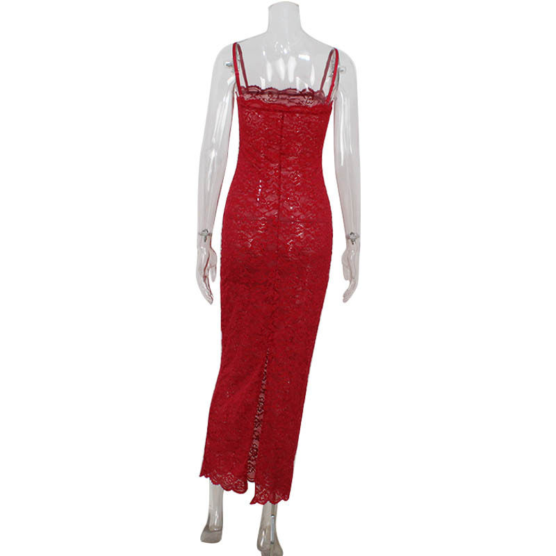 Red Lace Strapless Bodycon Maxi Dress French Style Elegant Fit High Quality Fabric Perfect for Evening Events